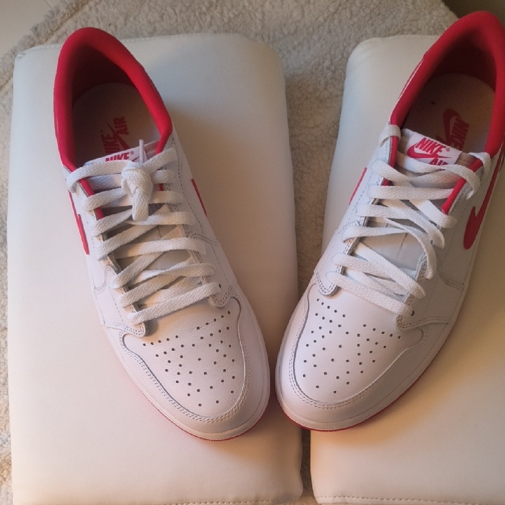 Jordans Mens White and Varsity Red Sneakers Size11.5